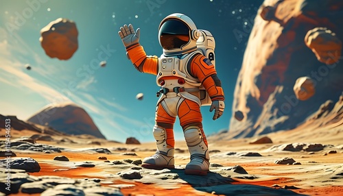 Cartoon astronaut waving while standing on a small asteroid in space. photo