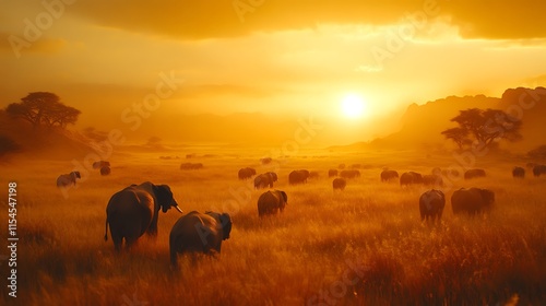 Golden sunset over African savanna with elephant herd.