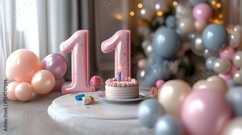 Eleventh birthday cake with pastel balloons. photo