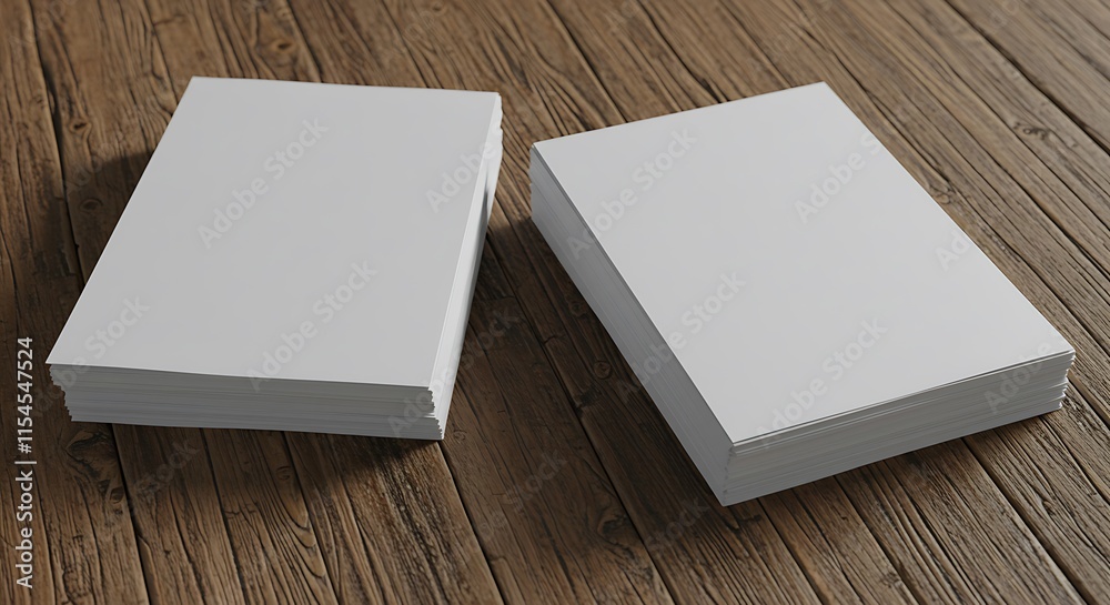 Two stacks of blank white paper resting on a rustic wooden surface. Two stacks of blank white paper resting on a rustic wooden surface.