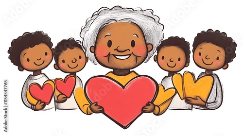 Happy grandmother with four grandsons holding hearts.