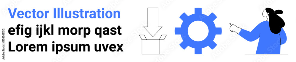 Woman in blue pointing towards a gear icon. Open box with down arrow signifies process handling. Ideal for business solutions, workflow representation, technology, integration, development, project Woman in blue pointing towards a gear icon. Open box with down arrow signifies process handling. Ideal for business solutions, workflow representation, technology, integration, development, project