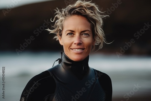 Portrait of a happy senior woman in wetsuit looking at camera photo