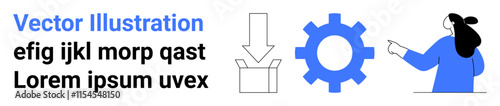 Woman in blue pointing towards a gear icon. Open box with down arrow signifies process handling. Ideal for business solutions, workflow representation, technology, integration, development, project