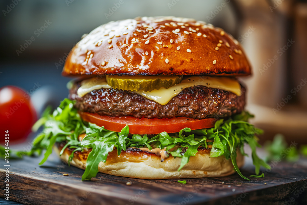 Gourmet cheeseburger with arugula and pickles Gourmet cheeseburger with arugula and pickles