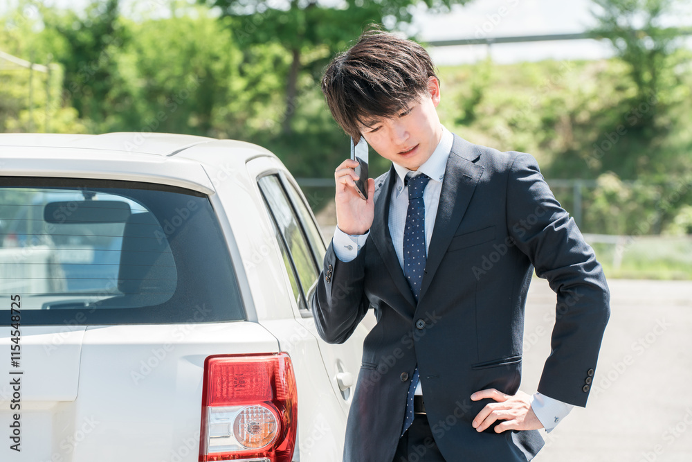 Φωτογραφία 自動車の前でスマホで電話する若いアジア人男性（ロードサービス・トラブル・レスキュー・困る）