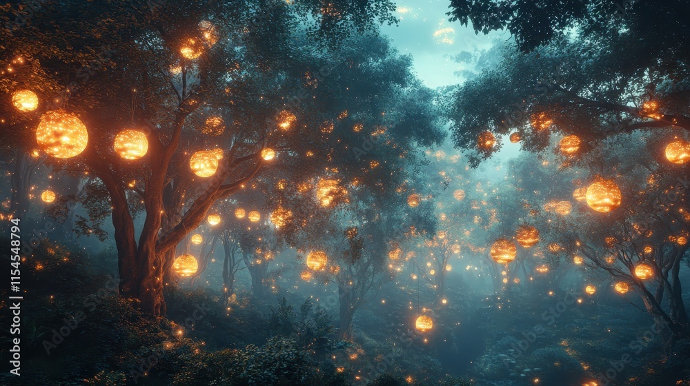Enchanted forest illuminated by glowing orbs amidst misty trees. Enchanted forest illuminated by glowing orbs amidst misty trees.