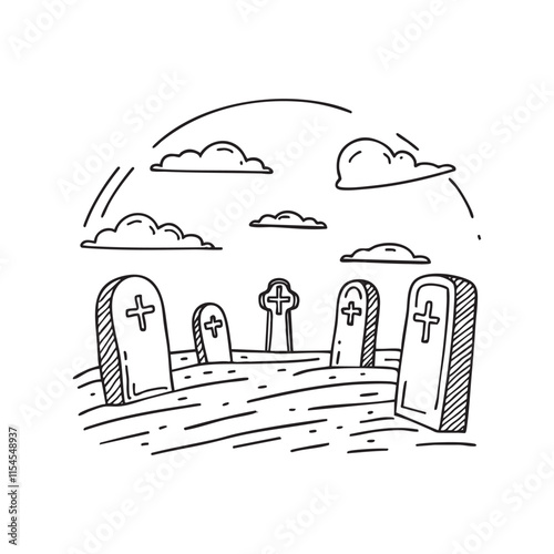 Doodle illustration of a misty graveyard with weathered tombstones scattered around