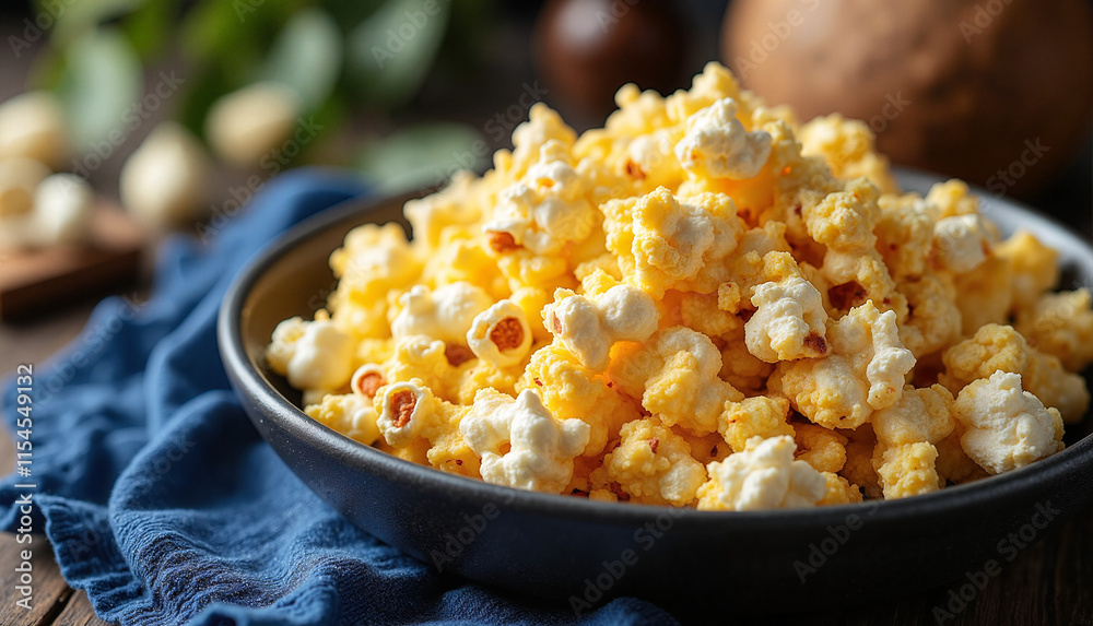 Bowl of Fluffy Popcorn with Coconut Oil Sheen in Cozy Evening Setting