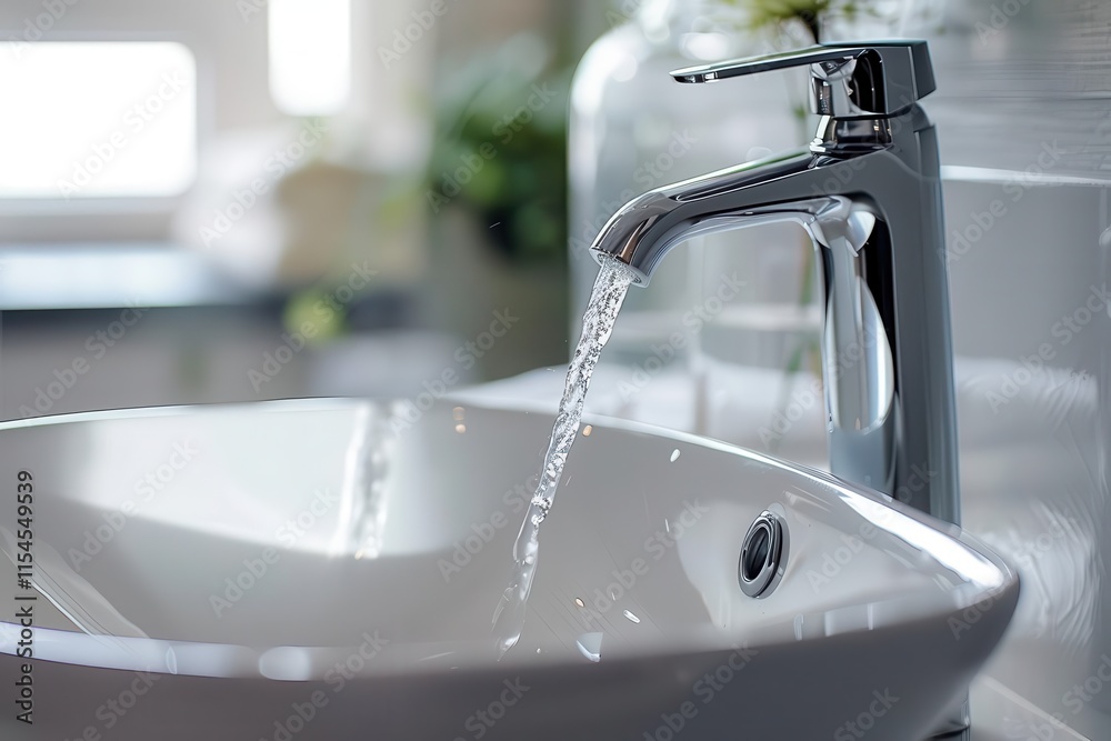 A modern faucet pouring water into a sleek white sink. A modern faucet pouring water into a sleek white sink.