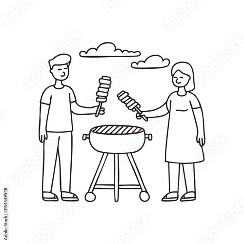 Doodle illustration of a family grilling food on a barbecue in their backyard