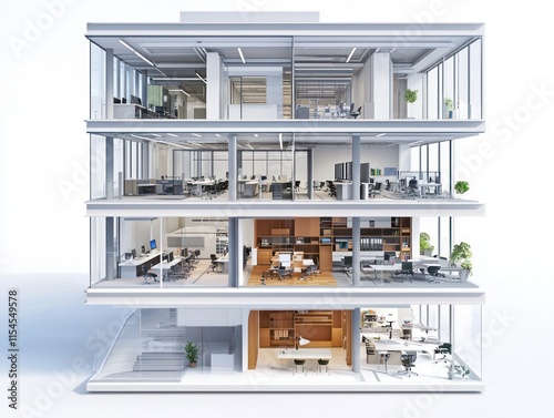 Cross-section 3D view of an office building, illustrating the relationship between different floors, office layouts, and communal spaces. photo