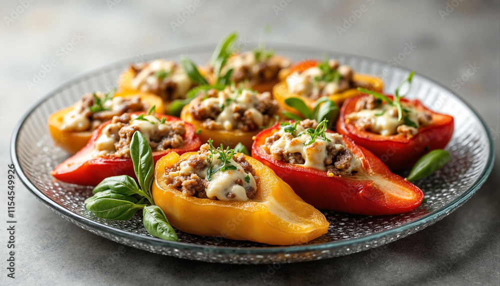 Stuffed Bell Peppers with Savory Filling on Glass Plate Modern Neutral Background Stuffed Bell Peppers with Savory Filling on Glass Plate Modern Neutral Background