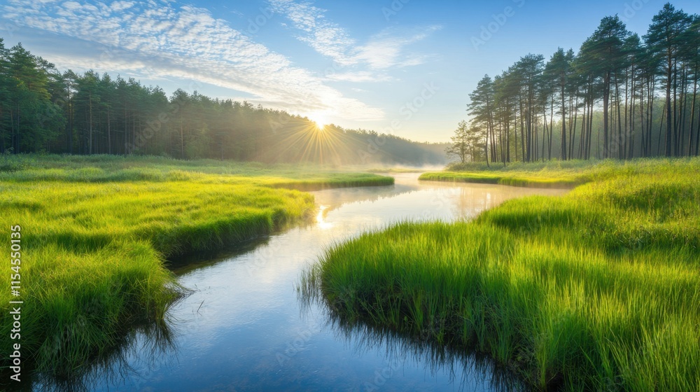 Serene Morning Landscape with Misty River and Sunlight Through Trees Serene Morning Landscape with Misty River and Sunlight Through Trees