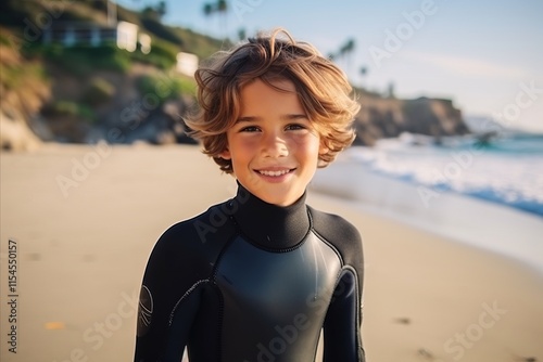 Portrait of happy boy in wetsuit at beach with surfboard