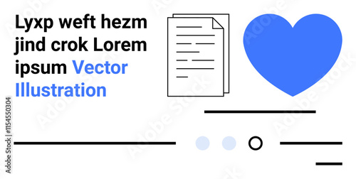 Blue heart, document, sample text blocks, black lines, and circles. Ideal for online content, templates, graphic design, newsletters, social media, modern aesthetics, web banners. Landing page