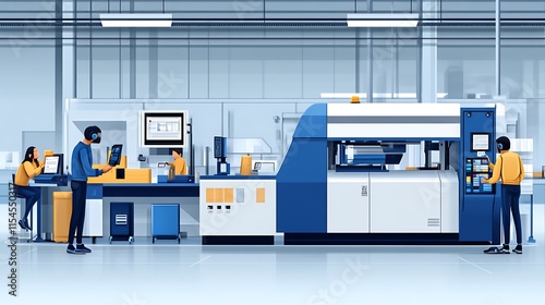 Automated factory production line with workers.