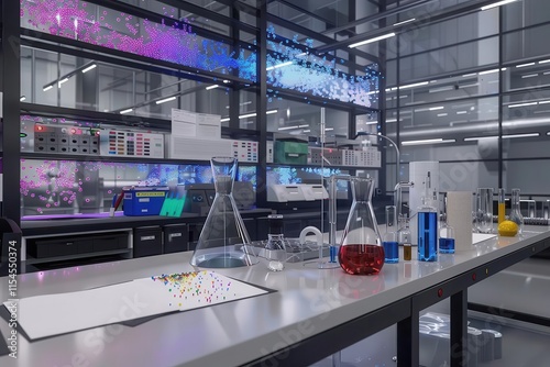 Wallpaper Mural A modern laboratory workspace with various glassware and colorful liquids for scientific experiments. Torontodigital.ca