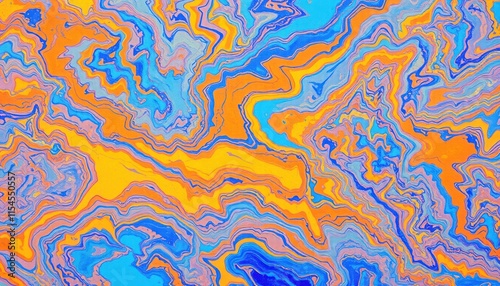 a close up of a colorful painting with a blue and orange background,