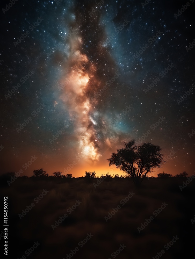 Majestic Milky Way over a desert landscape at sunset. Majestic Milky Way over a desert landscape at sunset.