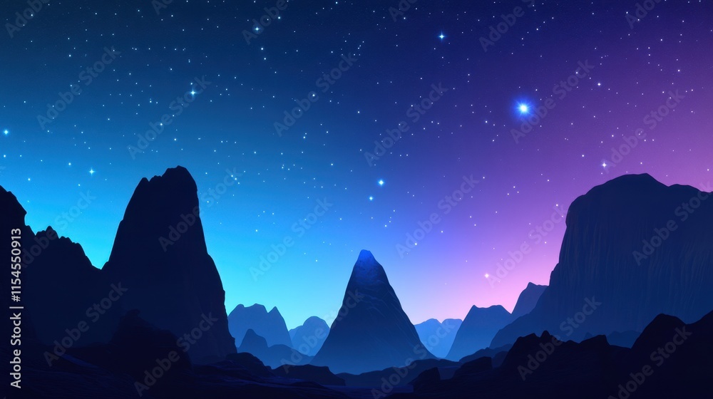 Majestic Mountain Landscape Under Starry Night Sky with Colorful Horizon Majestic Mountain Landscape Under Starry Night Sky with Colorful Horizon