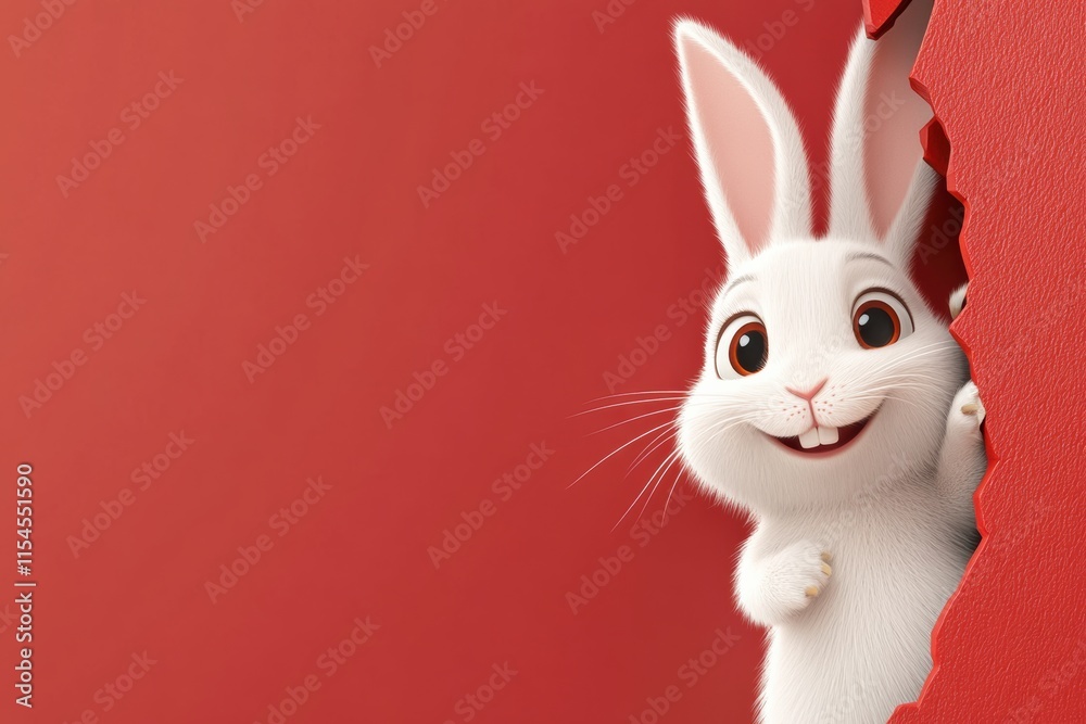 Fototapeta premium A cheerful and playful cartoon bunny peeks through a torn and vibrant red background, symbolizing the joy, excitement, and spirit of the beloved Easter celebration that brings happiness to all
