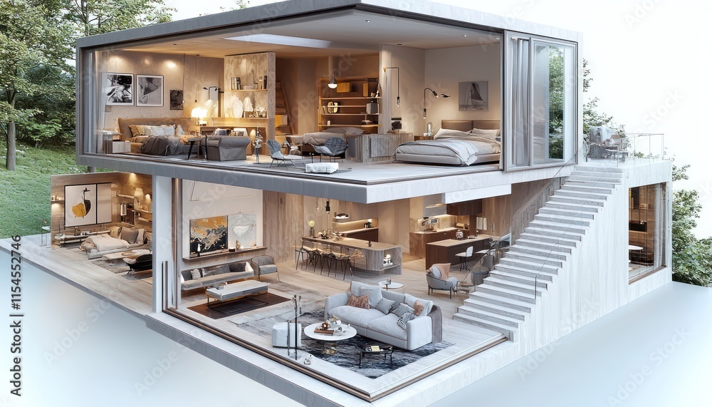 3D rendering of the second floor of a residential house, highlighting the staircase, bedrooms, bathrooms, and storage spaces. 3D rendering of the second floor of a residential house, highlighting the staircase, bedrooms, bathrooms, and storage spaces.
