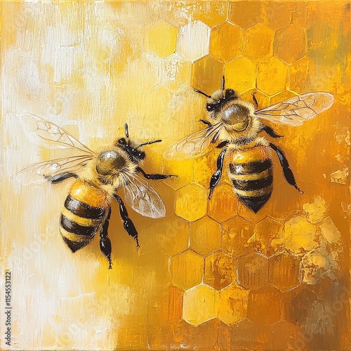 Two bees are flying in the air above a yellow background