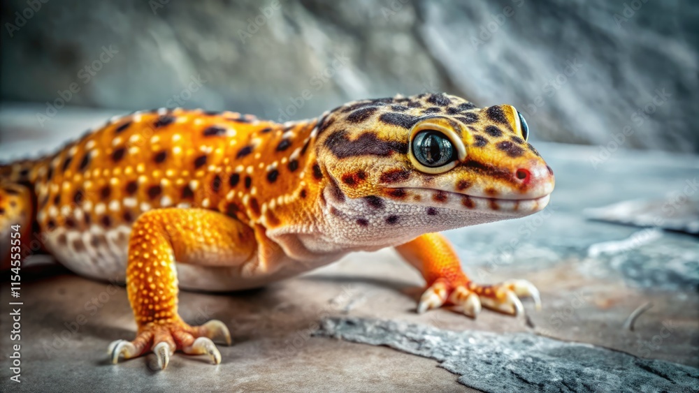 Fototapeta premium Retro-styled leopard gecko photo; vintage feel, crisp white background, showcasing classic reptile charm.