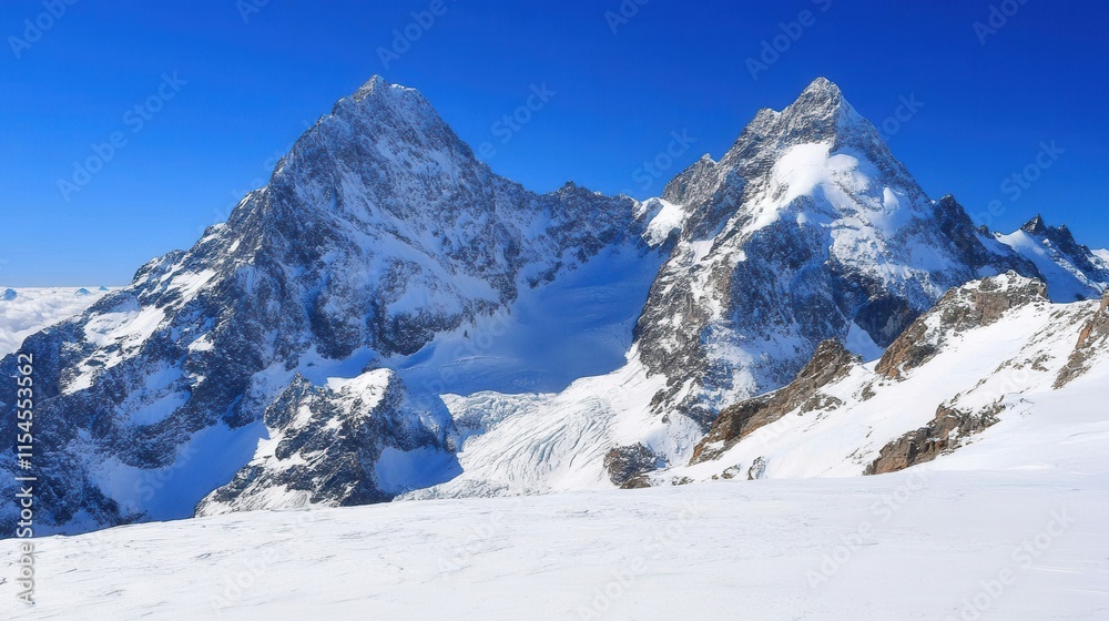 Majestic Snow-Capped Peaks Against a Clear Blue Sky in Winter Landscape Majestic Snow-Capped Peaks Against a Clear Blue Sky in Winter Landscape