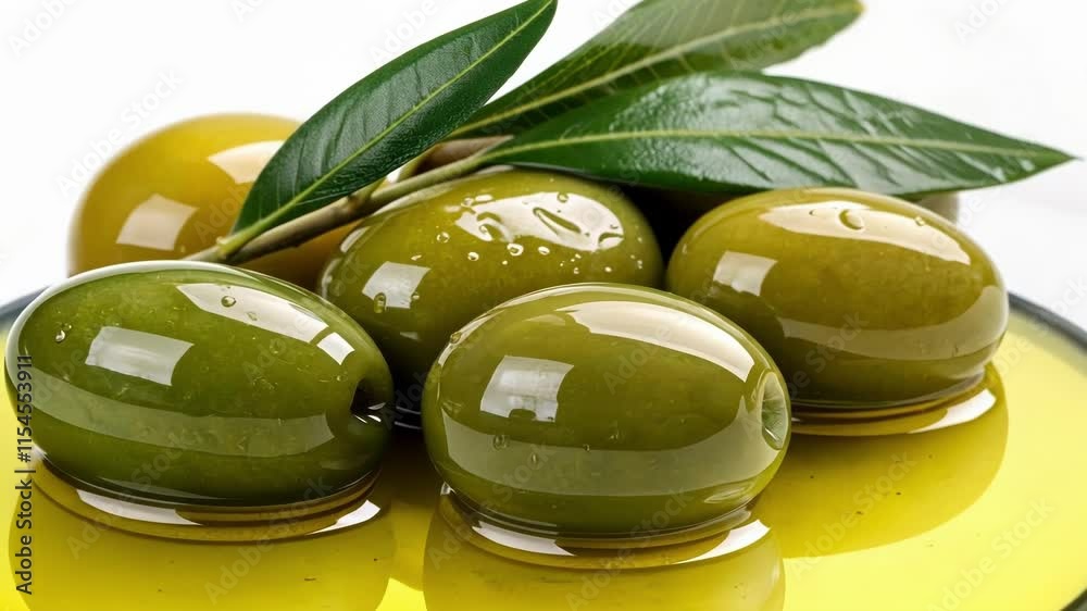 Green Olives A of shiny green olives glistening with a light brine sit closely together. Their smooth rounded forms are highlighted against a simple neutral backdrop.