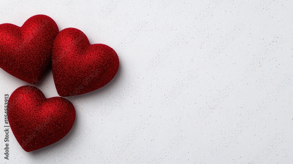 Three glittery red hearts on a white background, symbolizing love and affection, perfect for romantic themes or celebrations. Three glittery red hearts on a white background, symbolizing love and affection, perfect for romantic themes or celebrations.