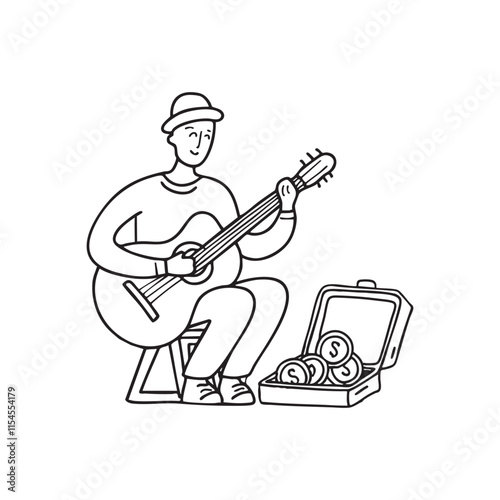 Doodle illustration of a street musician playing guitar with a tip box nearby
