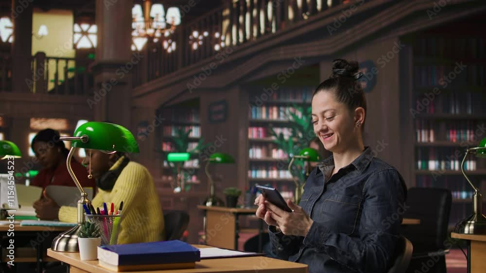 Noisy person disturbing people at the library by speaking very loud, being rude and answering a phone call in the study area. Disruptive annoying woman asked to keep silence. Camera A.