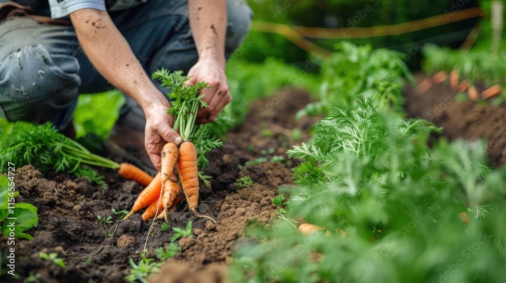 Fototapeta premium A person harvesting fresh carrots from a garden bed, showcasing agricultural practice.