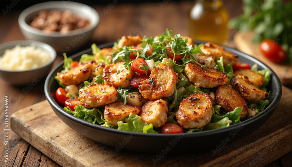 Grilled Chicken Salad Bowl with Fresh Vegetables on Rustic Wooden Table in Warm Lighting Grilled Chicken Salad Bowl with Fresh Vegetables on Rustic Wooden Table in Warm Lighting