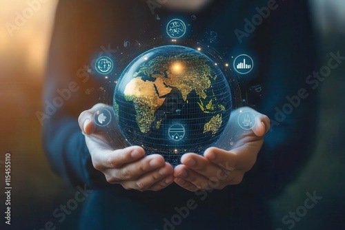 A person holding a glowing globe with various icons representing technology and sustainability.