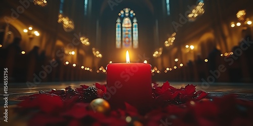 Lit candle in church with red petals.