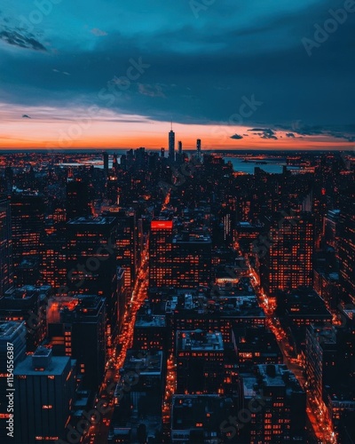 A stunning cityscape at dusk, showcasing vibrant lights and skyline.