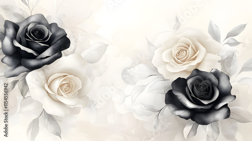 A delicate watercolor painting featuring a graceful arrangement of black and white roses with soft, blurred leaves against a light background. photo