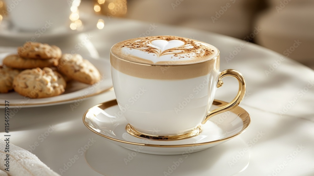 Elegantly Crafted Coffee Cup with Heart Design Foam and Cookies on White Table with Soft Background for Cozy and Gourmet Beverage Experience