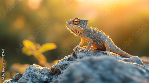 Professional wildlife photograph capturing a chameleon with intricate scales and spiky crest perched on rugged rock during sunset, featuring warm golden lighting and blurred forest background with bok photo