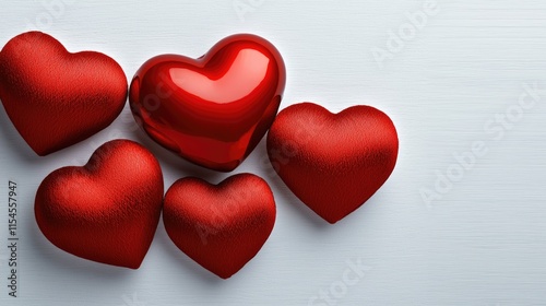 Five red hearts on a silver background, symbolizing love and affection, create a striking visual display of romance.