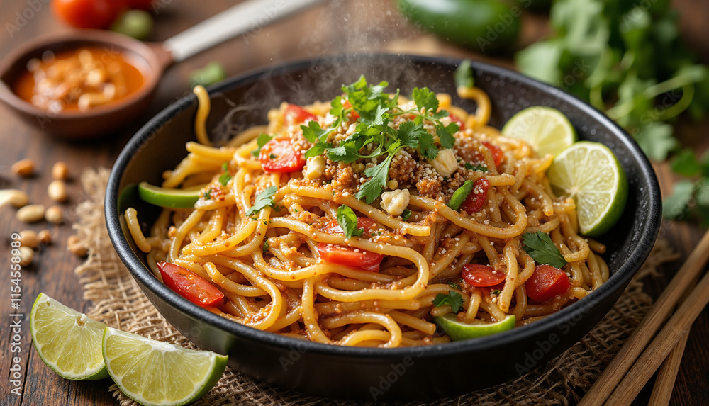 Freshly Prepared Pad Thai with Lime and Peanuts on Rustic Table Warm Tones Freshly Prepared Pad Thai with Lime and Peanuts on Rustic Table Warm Tones