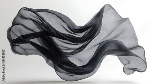 High-end fashion photograph showcasing elegant black dress in dynamic motion, capturing flowing silk fabric waves and dramatic movement against pure white background with minimalist aesthetic.