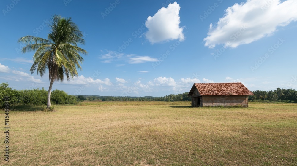 Serene Landscape with Palm Tree and Rustic House in Open Field Serene Landscape with Palm Tree and Rustic House in Open Field