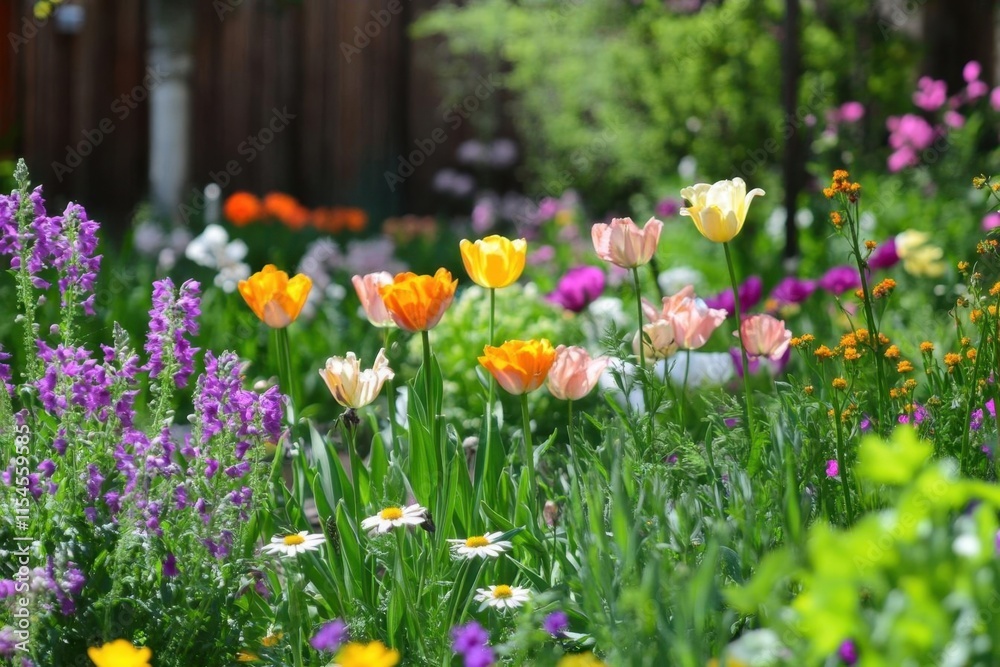 A vibrant garden filled with colorful flowers in bloom. A vibrant garden filled with colorful flowers in bloom.