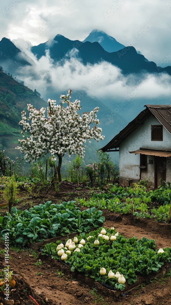 Fototapeta premium A small house sits in a garden with a tree in front of it