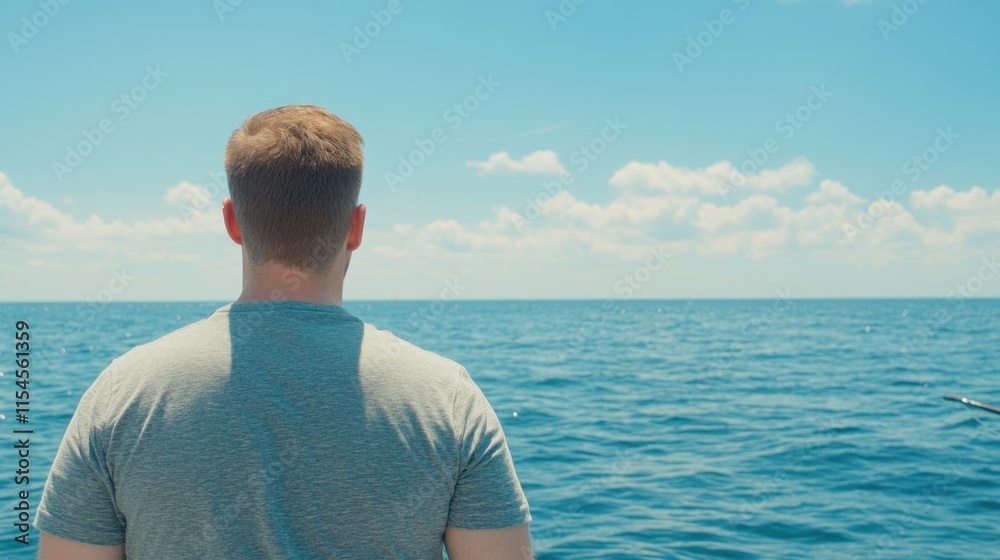 Person Standing on Shore Contemplating Vast Ocean Under Blue Sky Person Standing on Shore Contemplating Vast Ocean Under Blue Sky