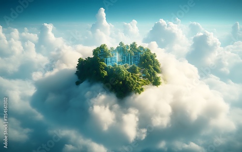 Floating island city in clouds.